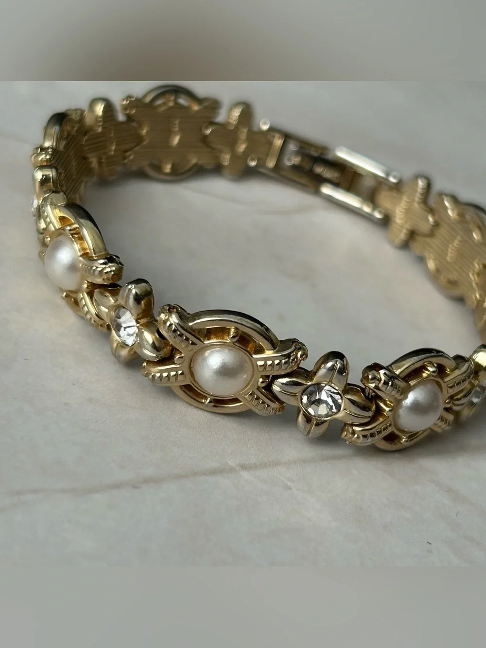 Gold-Tone Pearl and Crystal Link Bracelet